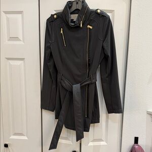 Michael Kors Dark Trench Coat with Gold Details